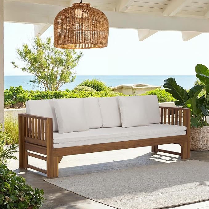 SAFAVIEH Outdoor Patio Furniture Collection - Napoli Brown & Cream Solid Wood Bench Convertible D... | Amazon (US)