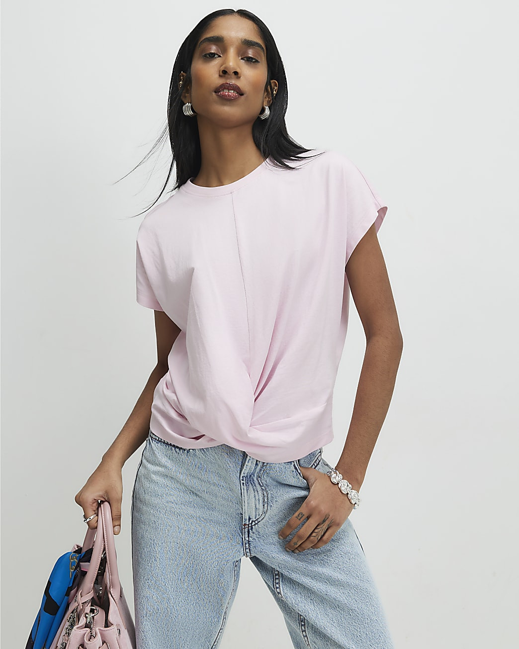 Pink Cotton Twist Front T-Shirt | River Island UK & IE
