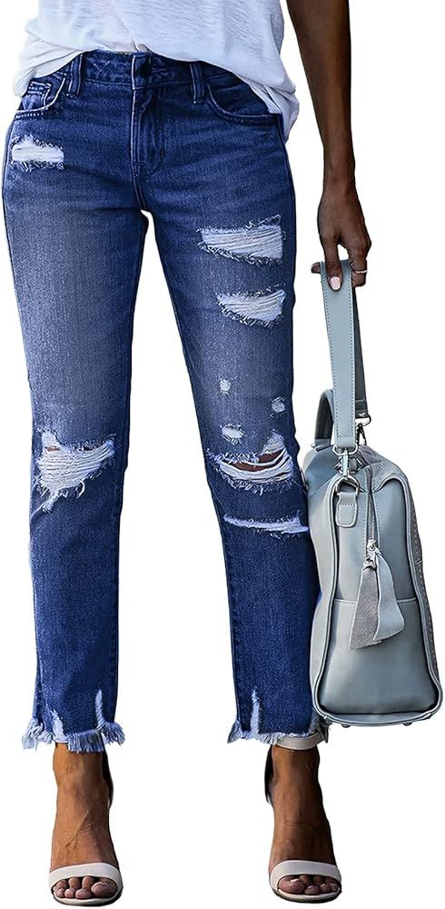 HETIPR Women's Ripped Boyfriend Jeans Mid Waisted Curvy Destroyed Raw Hem Denim Pants US X-Large,... | Amazon (US)