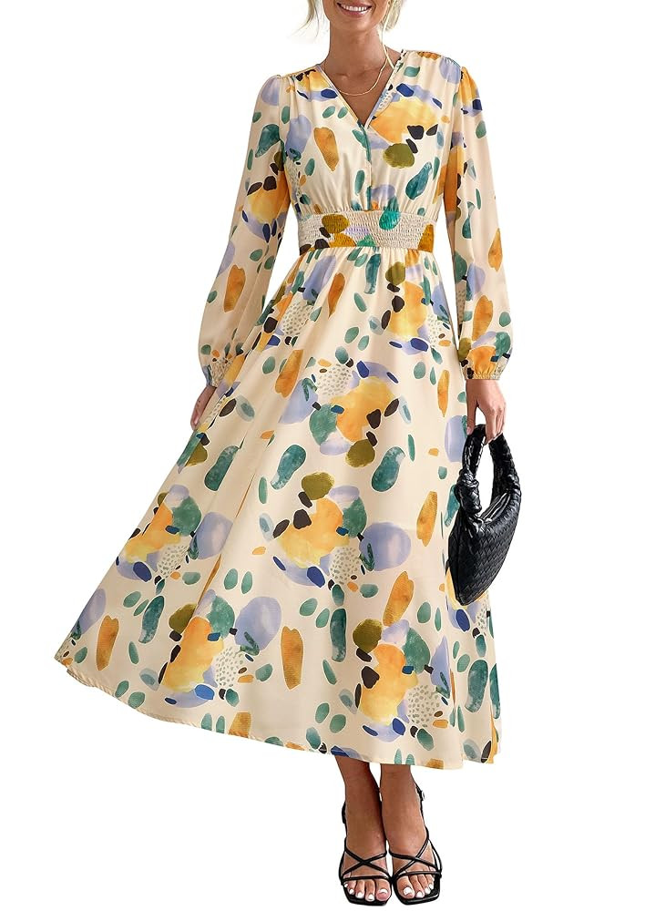 PRETTYGARDEN Women's Floral Midi Dress Casual Fall V Neck Long Sleeve Flowy Spring Beach Wedding ... | Amazon (US)