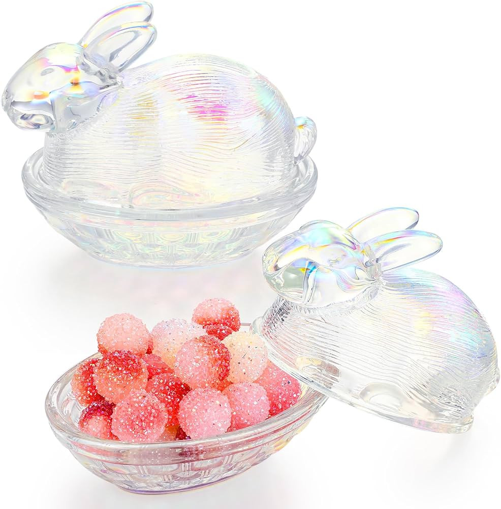 2 Pieces Easter Glass Candy Dish with Lid Covered Candy Bowl Glass Bunny Jar Candy Servers for Ea... | Amazon (US)