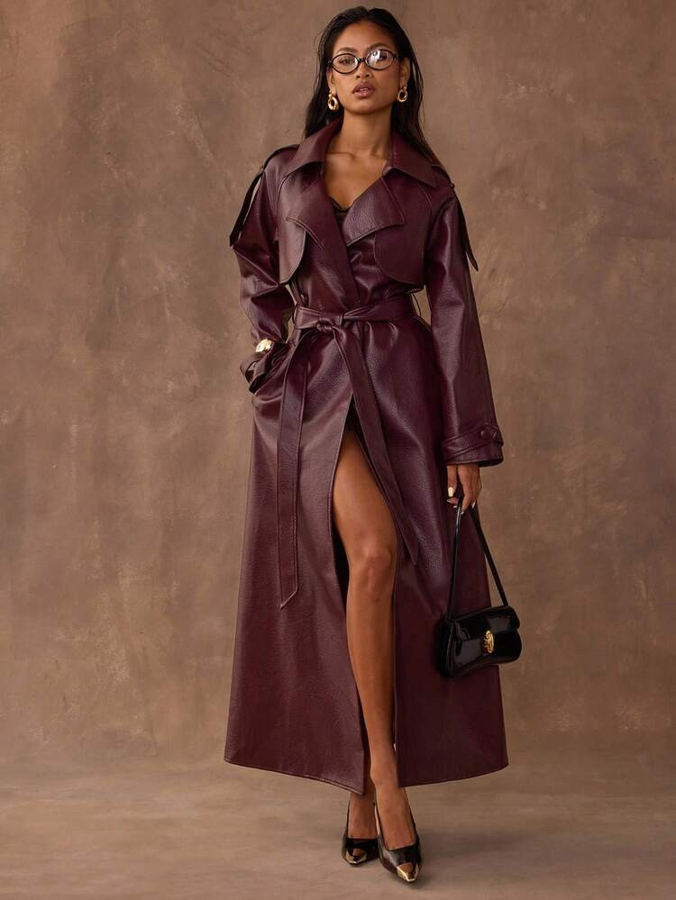 SHEIN BAE Autumn/Winter Fashion Women's Long Leather Burgundy Trench Coat,Burgundy Coat,Burgundy Fashion Coat,Versatile And Practical Coat,Fall | SHEIN