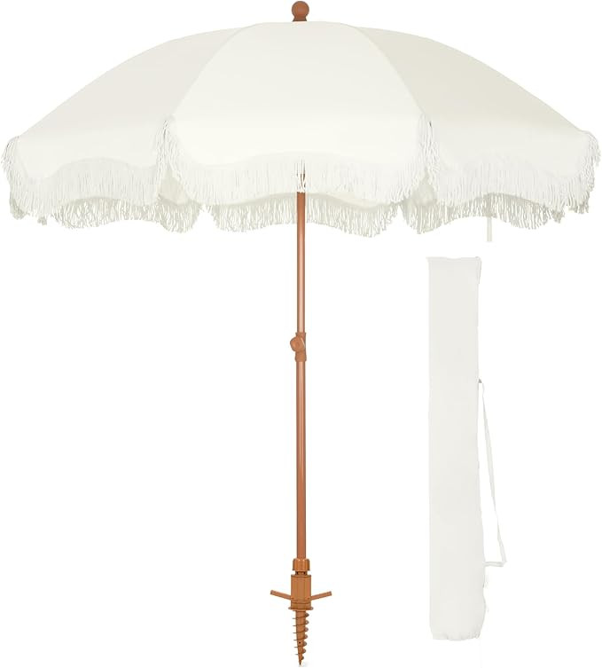 HERA'S PALACE 7ft Heavy Duty Beach Umbrella with Sand Anchor, Fringe Umbrella for Sand, UV 50+, P... | Amazon (US)