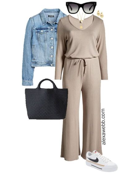 Plus Size Taupe Jumpsuit Outfits 1 - A comfortable plus size jumpsuit with Nike platform sneakers and a denim jacket. A great outfit idea for traveling or running errands. Alexa Webb

#LTKshoecrush #LTKstyletip #LTKplussize