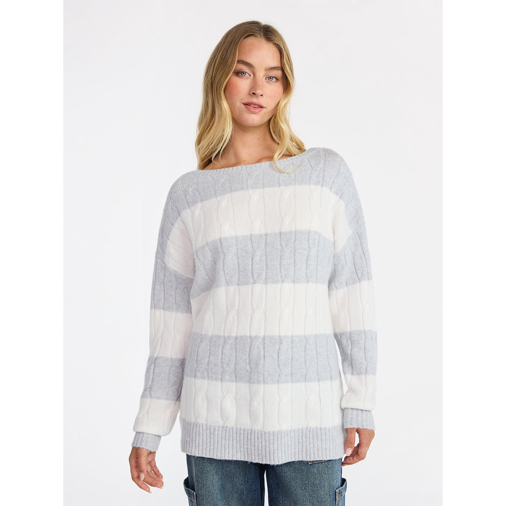 No Boundaries Boatneck Pullover Cable Knit Sweater, Lightweight, Women's | Walmart (US)