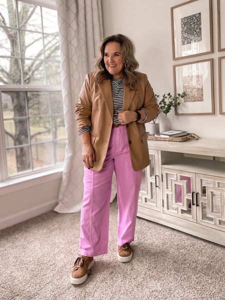 How to wear pink right now  All pieces are roomy but I think it’s how they are supposed to fit. You could go with your smaller size in all. 

Pink utility pants size 14 
Blazer size L (roomy)
Striped tee size L 
Sneakers tts 

#LTKunder50 #LTKstyletip #LTKFind
