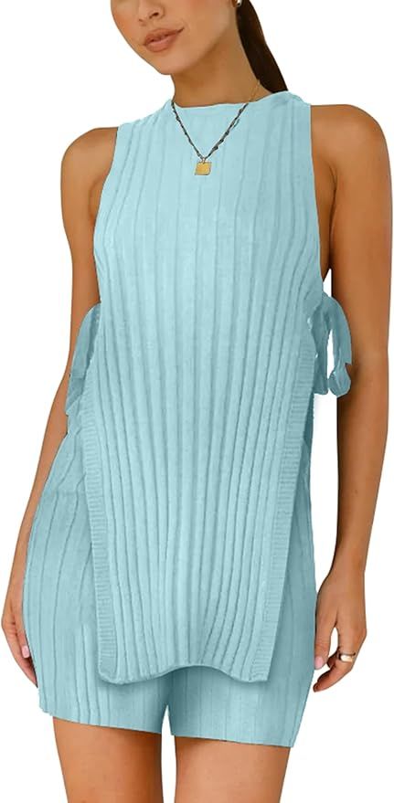 Womens Summer Sweater Set Sleeveless Knit tie straps Top Matching Shorts 2 Piece Beach Vacation O... | Amazon (US)
