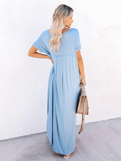 Yousify Women's Casual Summer Maxi Dress Short Sleeve V Neck Empire Waist Loose Split Beach Long ... | Amazon (US)