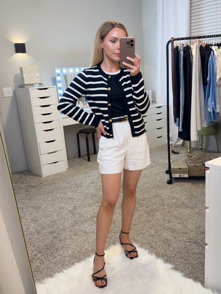 Classic spring black and white outfit. // This lady jacket is so versatile for spring and available in several color ways. Wearing size xxs. Linen shorts fit tts, I’m wearing size 24. This high neck tank with contrast trim is currently on sale. Black strappy sandals are extremely comfortable and easy to walk in, fit tts  

#LTKshoecrush #LTKSeasonal #LTKstyletip