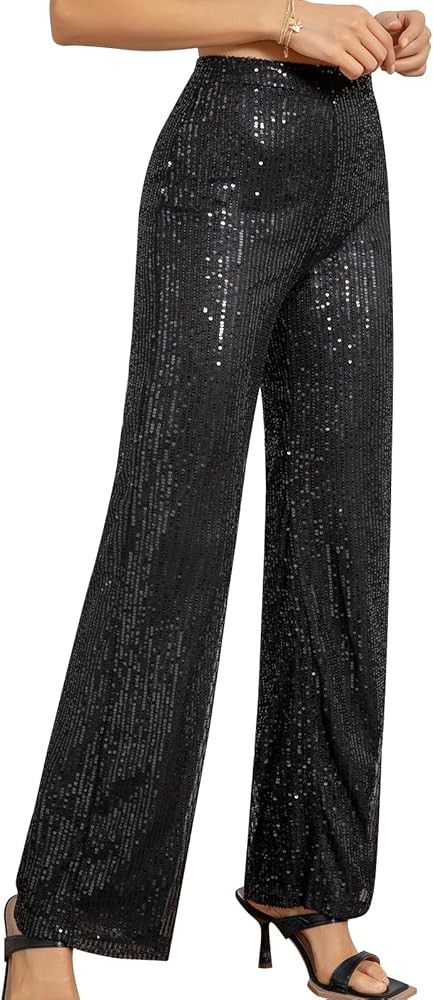 Women's High Waist Glitter Sequins Wide Leg Stretch Loose Nightclub Club Casual Pants | Amazon (US)