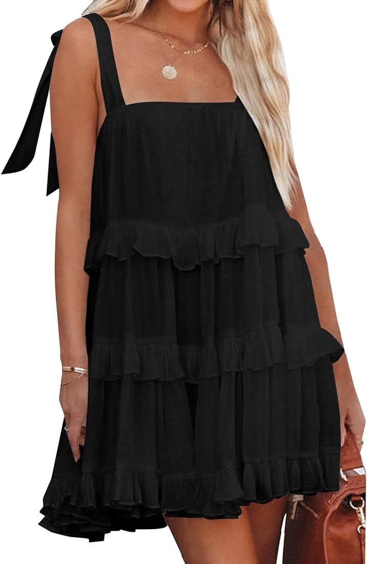 Rooscier Women's Straps Square Neck Sleeveless Layered Ruffle Party Mini Dress | Amazon (US)