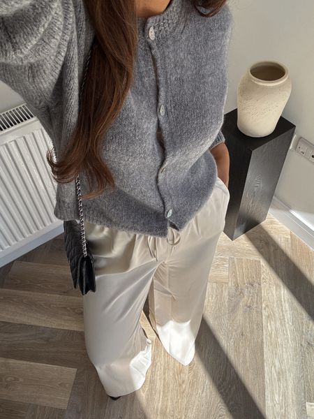 Transitional outfit, spring styling, grey cardigan, knitwear, charli London cardigan, topshop asos trousers, satin trousers, comfy outfit 

#LTKspring #LTKuk #LTKstyletip