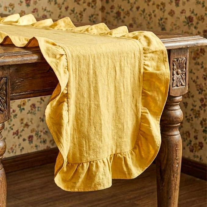 Yellow Ruffled Table Runner 72 inch Scalloped Table Runner Cotton Flounces Washable Shabby Farmho... | Amazon (US)