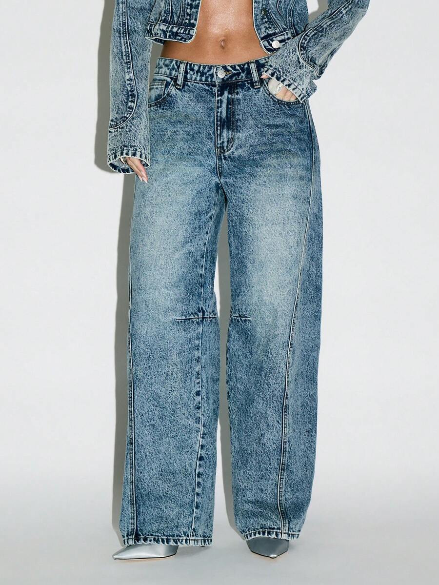 KIZN Vintage High Rise Wide Leg Jeans Full Length Side Panel Design Flared Bottoms Y2K 90s Style ... | SHEIN