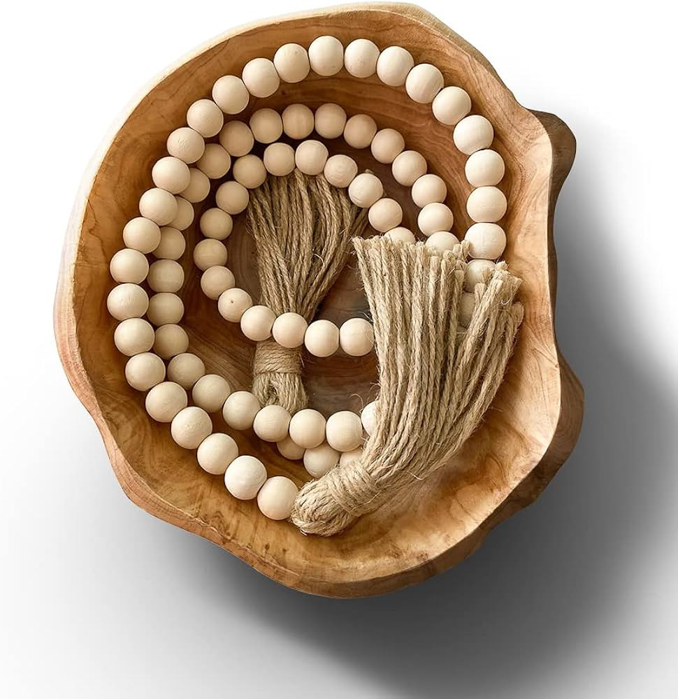 Wooden Bowl, Handmade Wooden Bowls with Wood Bead Garland, Natural, Fruit Bowl, Key Bowl for Deco... | Amazon (US)