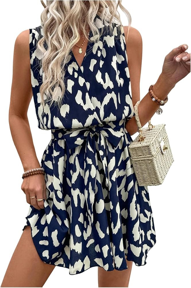 SOLY HUX Women's Summer Dress Printed Sleeveless V Neck Wrap A Line Flowy Belted Vacation Short D... | Amazon (US)