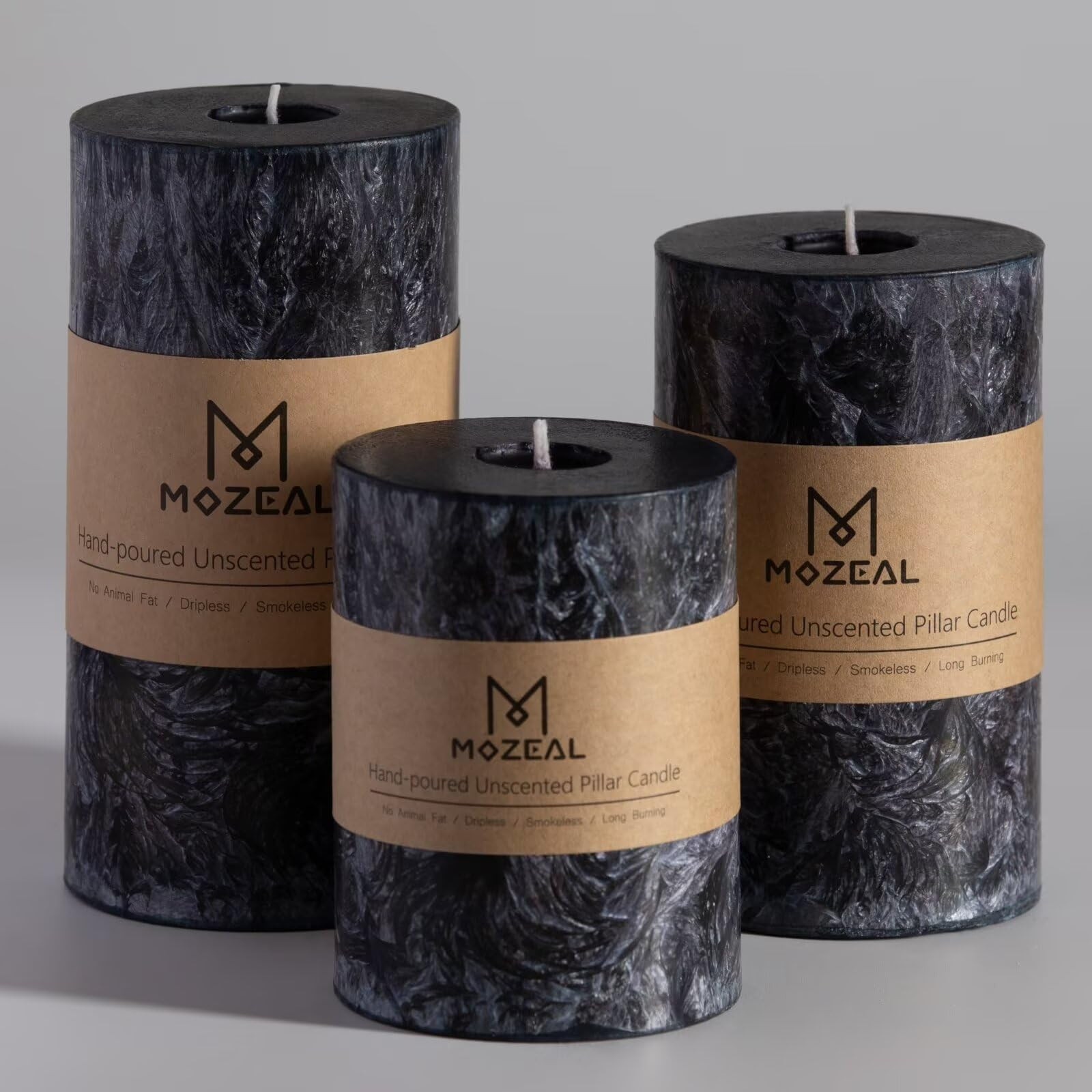 MOZEAL Hand-Poured, Unscented Black Crystal Pillar Decorative Candles, Elegant Set of 3 in Differ... | Amazon (US)