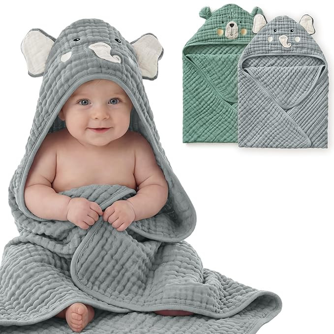 Blissful Diary Muslin Baby Hooded Towel 2 Pack, Soft & Absorbent Bath Towel for Infant, Toddler, ... | Amazon (US)
