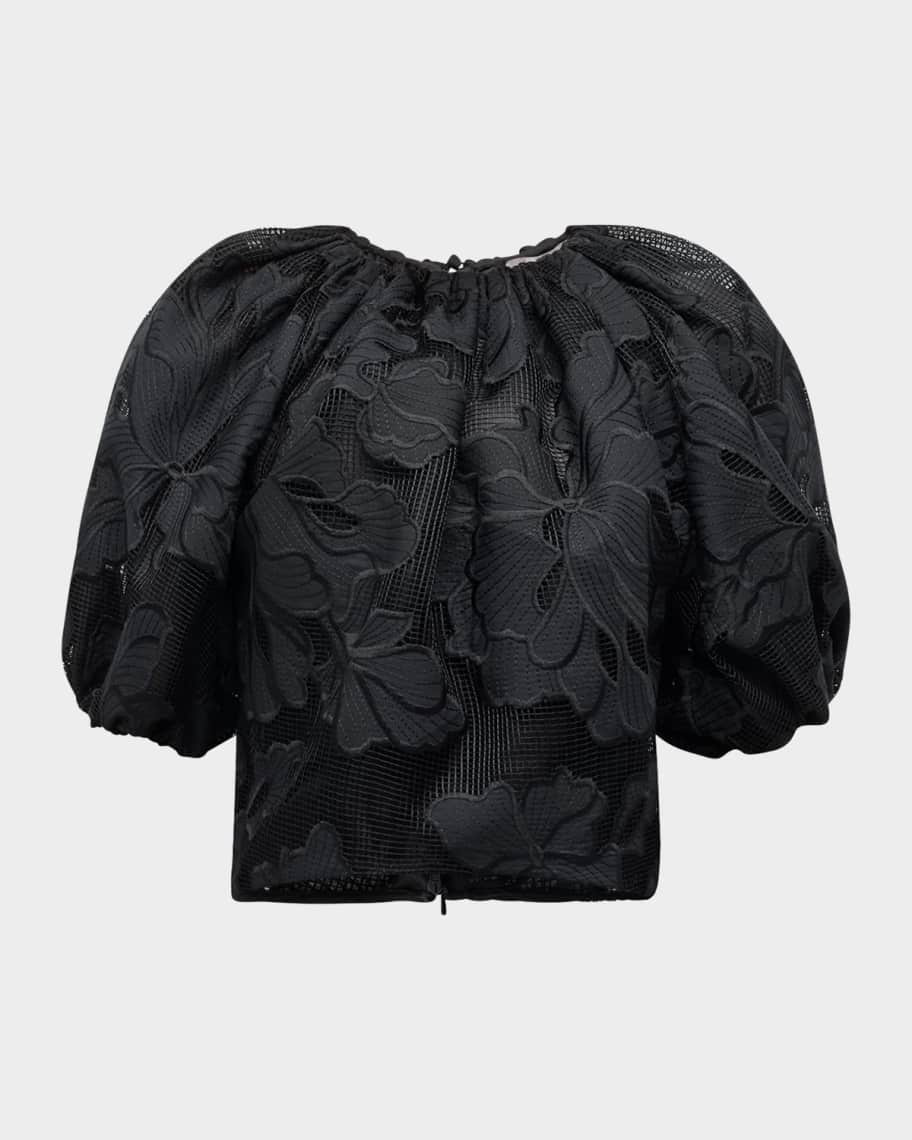 Lela Rose Floral Embroidered Short-Sleeve Bubble Top | Neiman Marcus