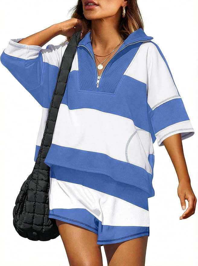 ANRABESS Striped Short Sets for Women 2 Piece Outfits Summer Casual Oversized Workout Athletisure... | Amazon (US)