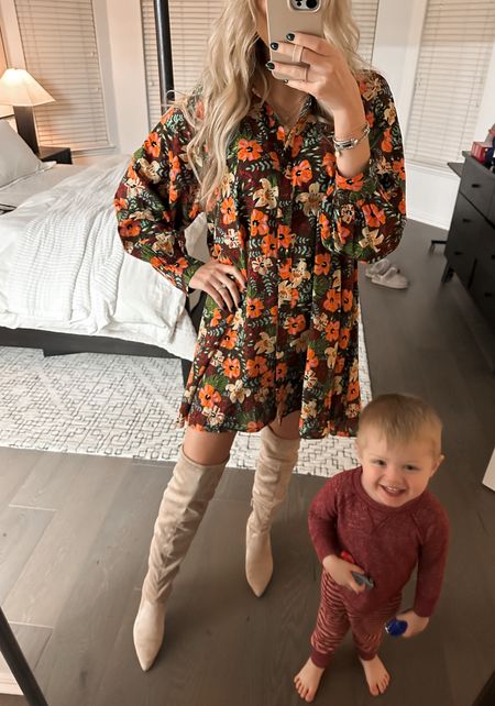 Dress: talulah size s (can’t link but linked some similar styles)
Boots: tts (I sized up a half size to wear with thicker socks) these are SO comfortable and cheap under 50!
Asher’s pjs are from target - he had to get in the pic lol

(Fall fashion, winter fashion, floral dress, floral longsleeve dress, knee high boots, target shoes, boot finds, winter boots, fall boots, beige boots, tan boots, date night outfit, going out outfit, brunch dress, flowy dress, bump style, maternity, pregnant, bump friendly dress) 

#LTKstyletip #LTKfindsunder50 #LTKfindsunder100