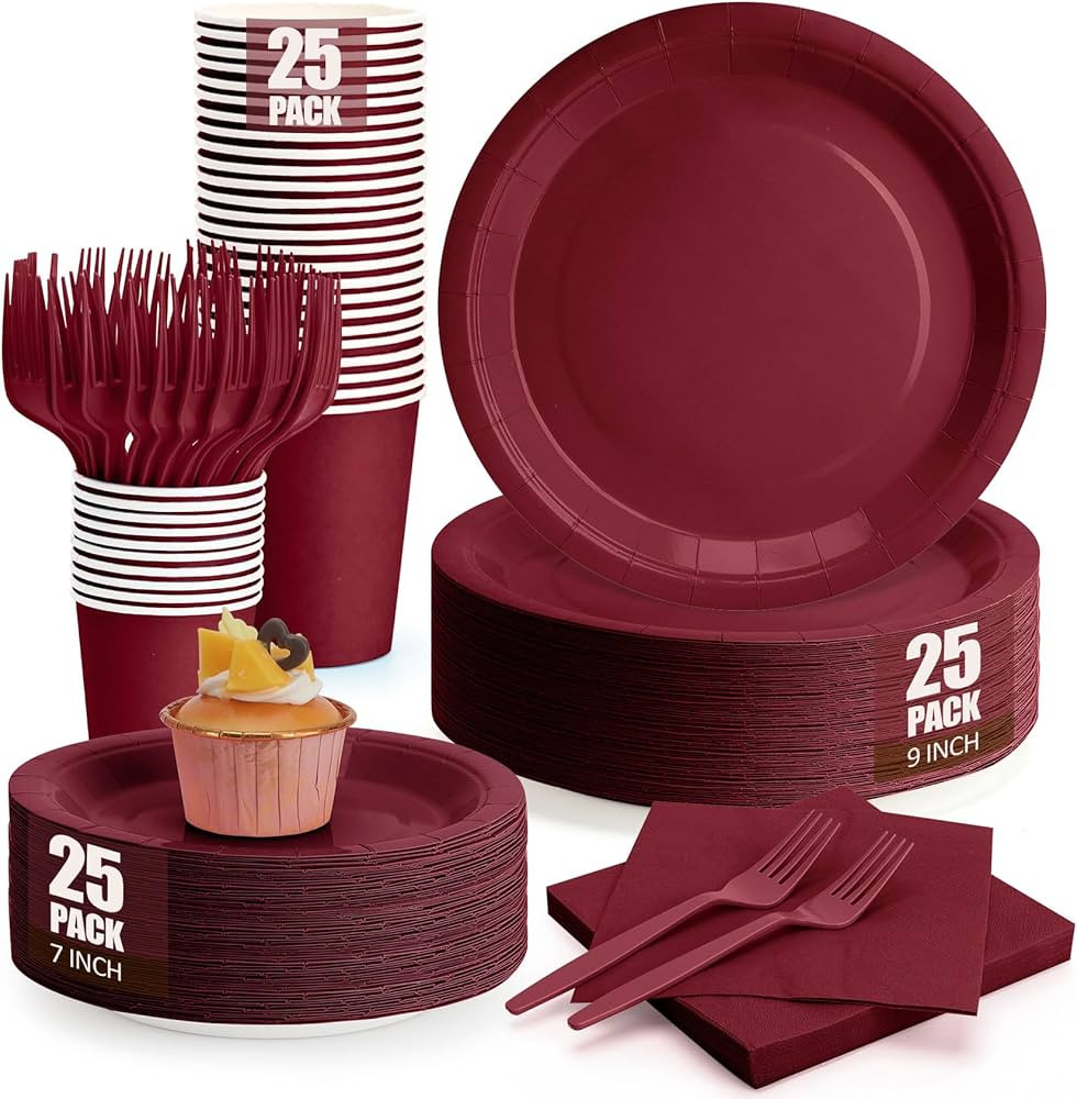 Burgundy Plates and Napkins Party Supplies, Include 9’’Disposable Burgundy Paper Plate, 7’... | Amazon (US)