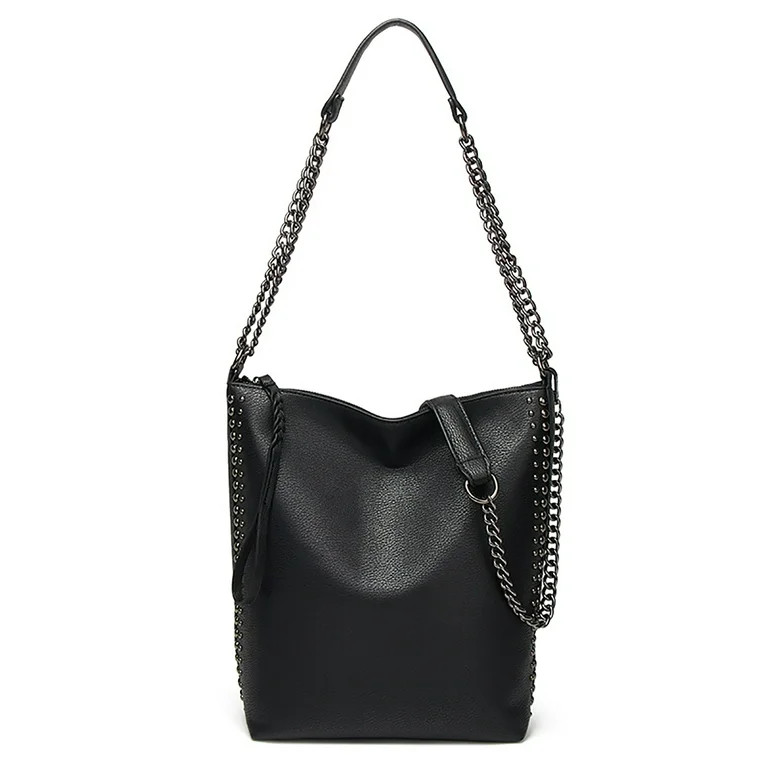 Designer Hobo Shoulder Bag, Black Faux Leather, Chain Strap, Studded Detail | Walmart (US)