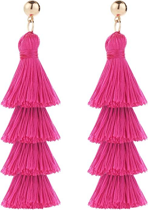 BaubleStar Tassel Earrings Handmade Tiered Thread Tassel Dangle Earrings, Multi Colors | Amazon (US)