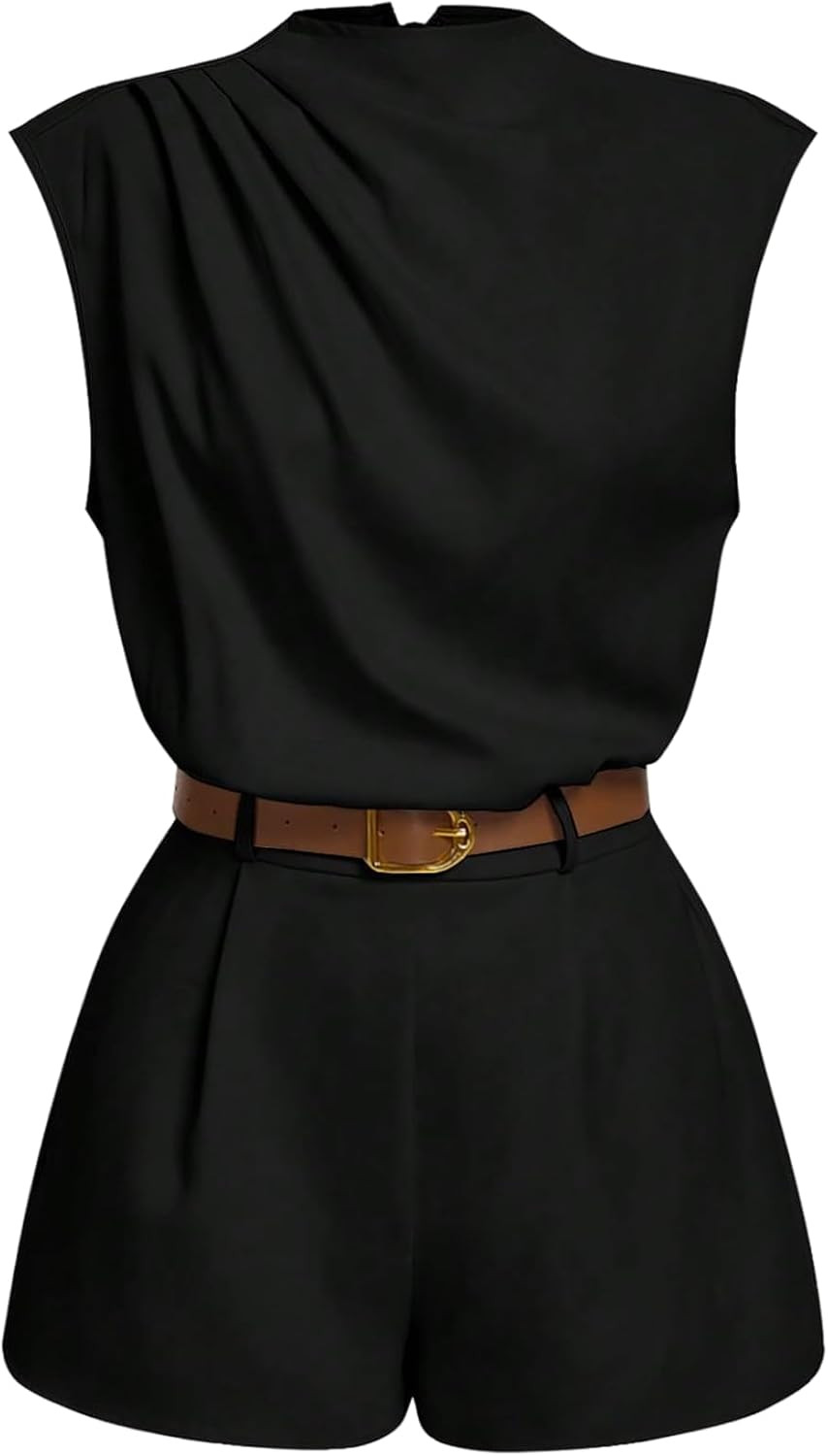 SOLY HUX Women's Summer Ruched Mock Neck Cap Sleeve Belted Short Romper | Amazon (US)