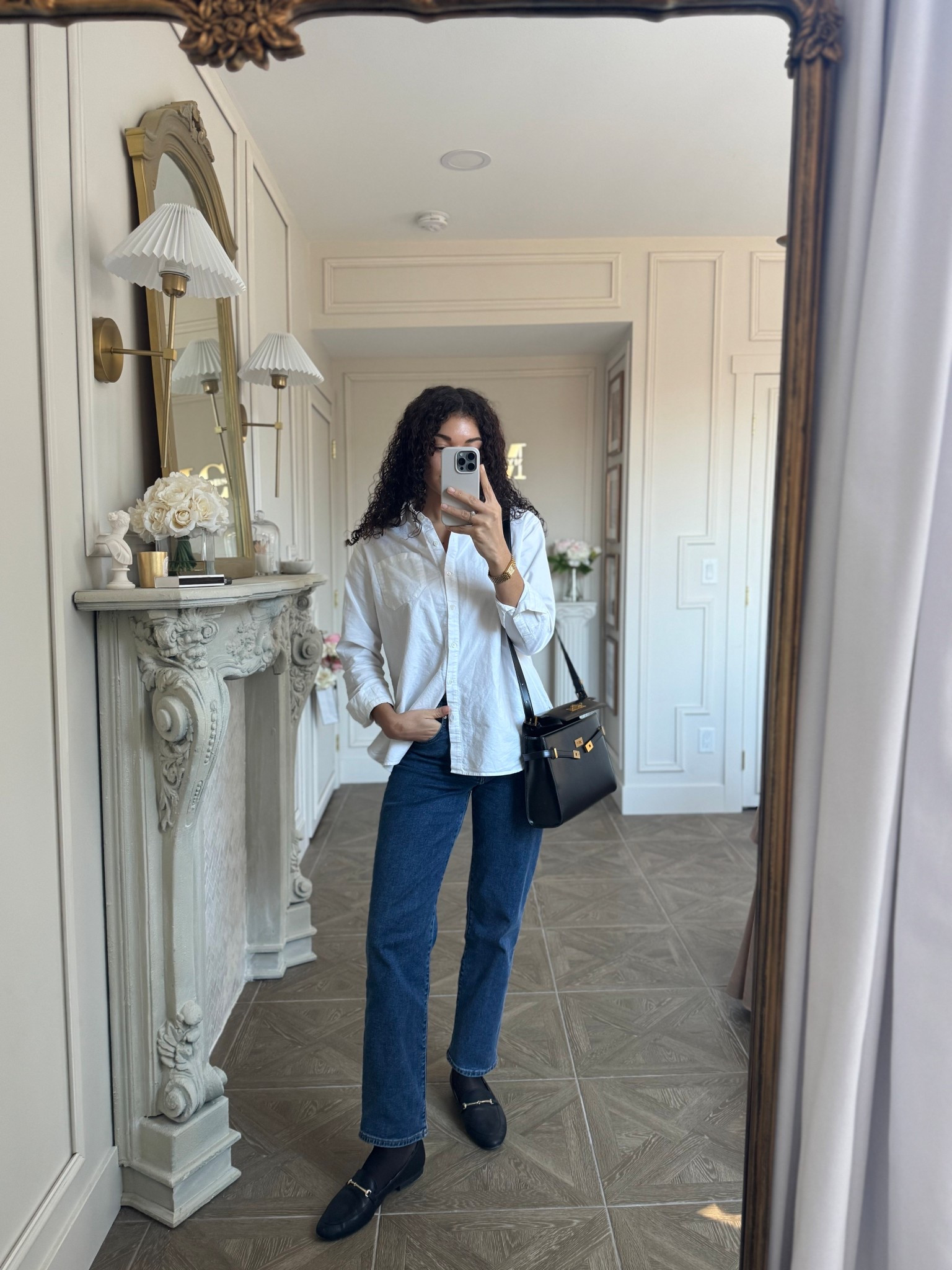 Classic jeans outfit with a white button up and loafers 

#LTKootd #LTKWorkwear