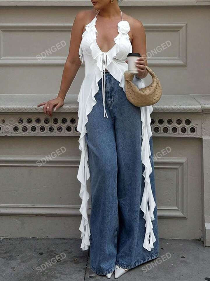 Top Halter Verão Floral com Babado Sensual e Decote nas Costas | SHEIN Brasil | SHEIN