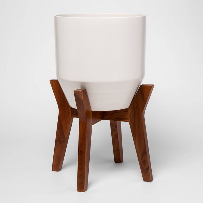 Faceted Ceramic Planter in Wood Stand White/Brown - Project 62™ | Target