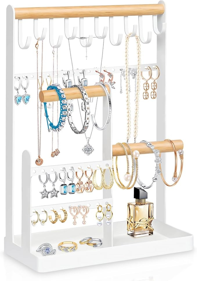 OUTUO Jewelry Holder Organizer, 5-Tier Tower Rack with 10 Hooks Necklace Organizer and Earring Tr... | Amazon (US)