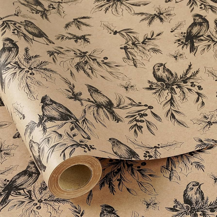 RUSPEPA Kraft Christmas Wrapping Paper Roll, Mini Roll, Vintage Black Bird and Winter Foliage Ske... | Amazon (US)