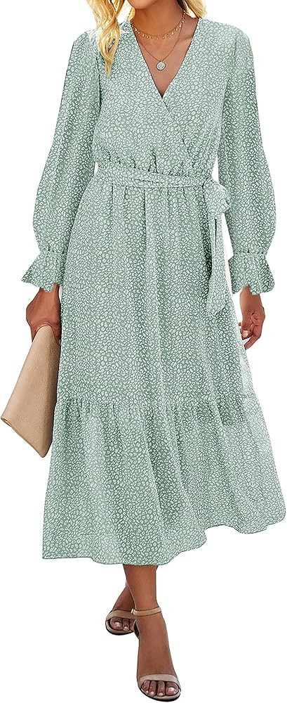 BTFBM Women's Casual Party Dresses 2023 Long Sleeve Wrap V Neck Swiss Dot Leopard Boho Swing A-Li... | Amazon (US)