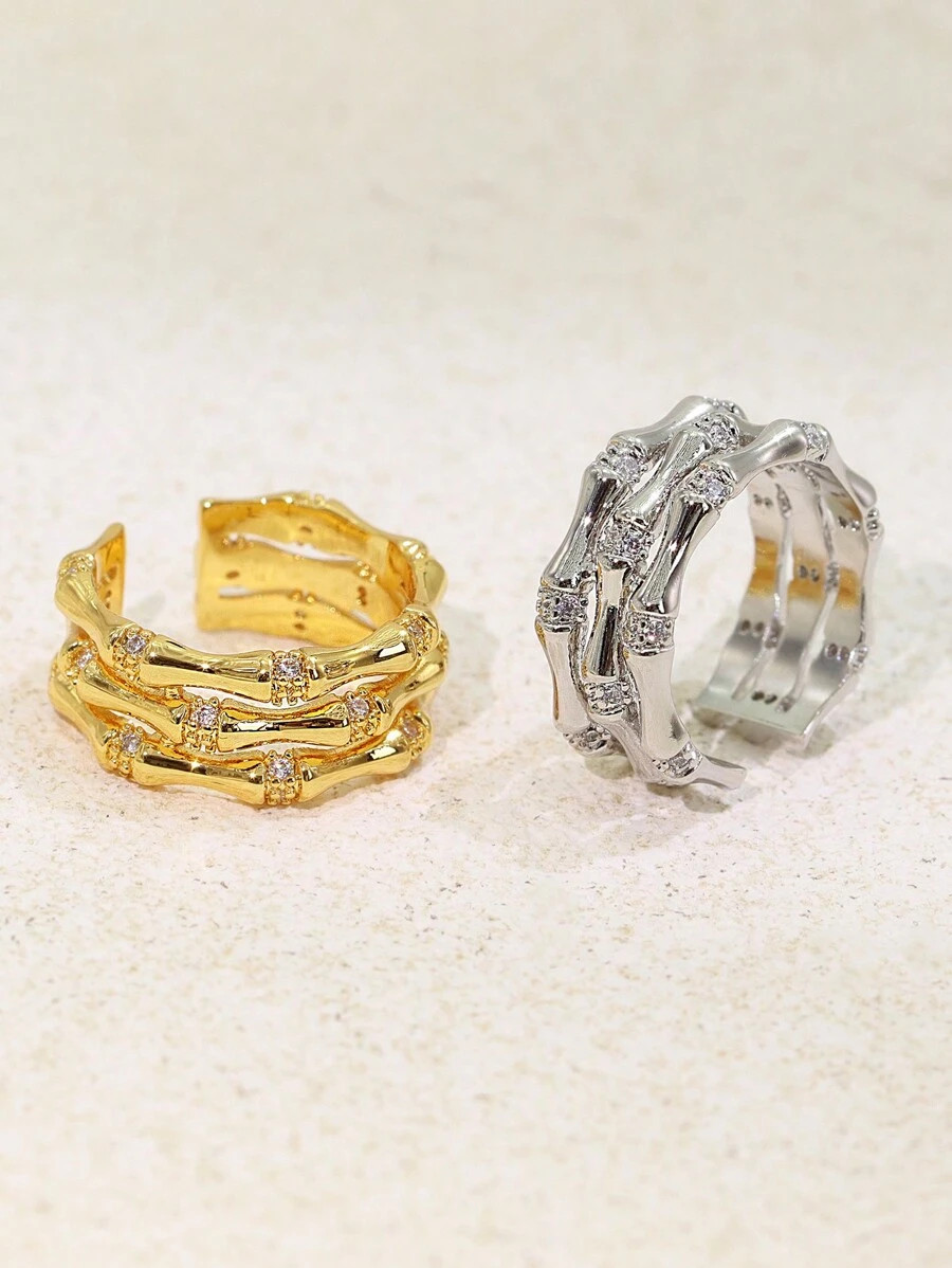 1pc Cubic Zirconia Decor Bamboo Joint Cuff Ring Copper Jewelry | SHEIN