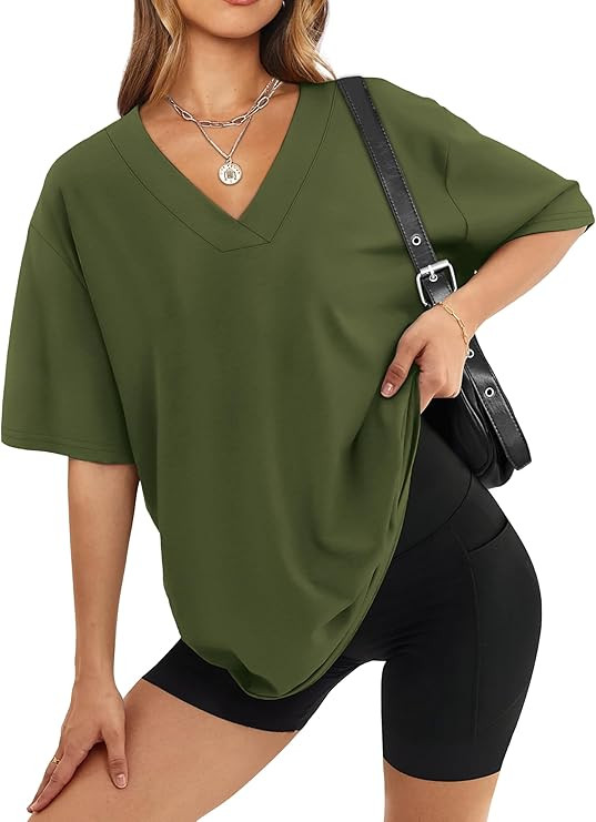 WIHOLL Oversized Tshirts for Women 2026 Summer Tops Short Sleeve V Neck Shirts Basic Tee | Amazon (US)