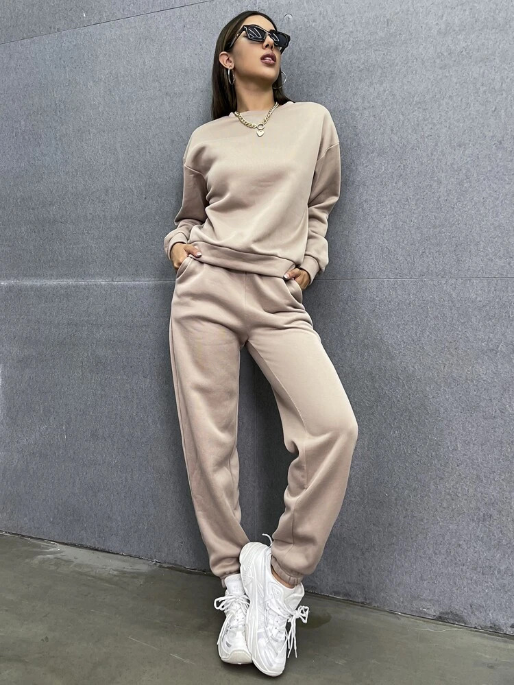 Solid Drop Shoulder Sweatshirt & Sweatpants | SHEIN