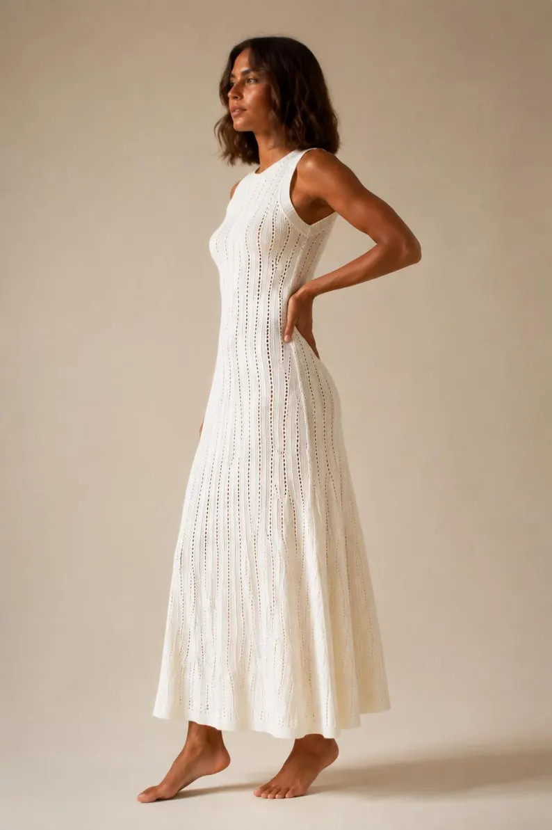 White Knit Maxi Dress Women, Sleeveless Sweater Dress, Boho A Line Long Dress, Luxury Crochet Dre... | Etsy (Global)