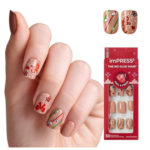 KISS imPRESS Holiday Press On Nails, ‘Mistletoe Kiss’, Brown, Short Squoval, Improved Super Hold Adhesive, 30 Fake Nails, Prep Pad, Mini Nail File, & Manicure Stick | Amazon (US)
