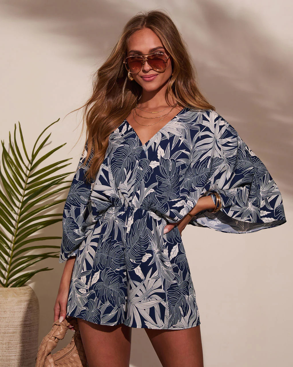 Leliah Kimono Sleeve Tropical Print Romper | VICI