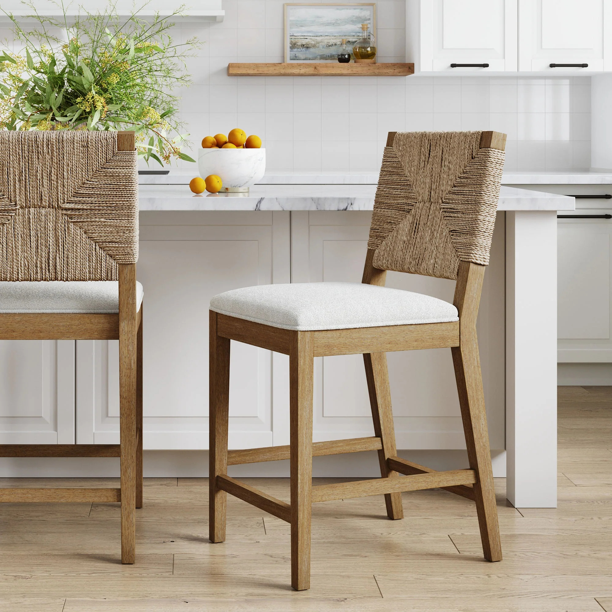 Boucle & Seagrass Counter Height Bar Stool Light Brown | Nathan James