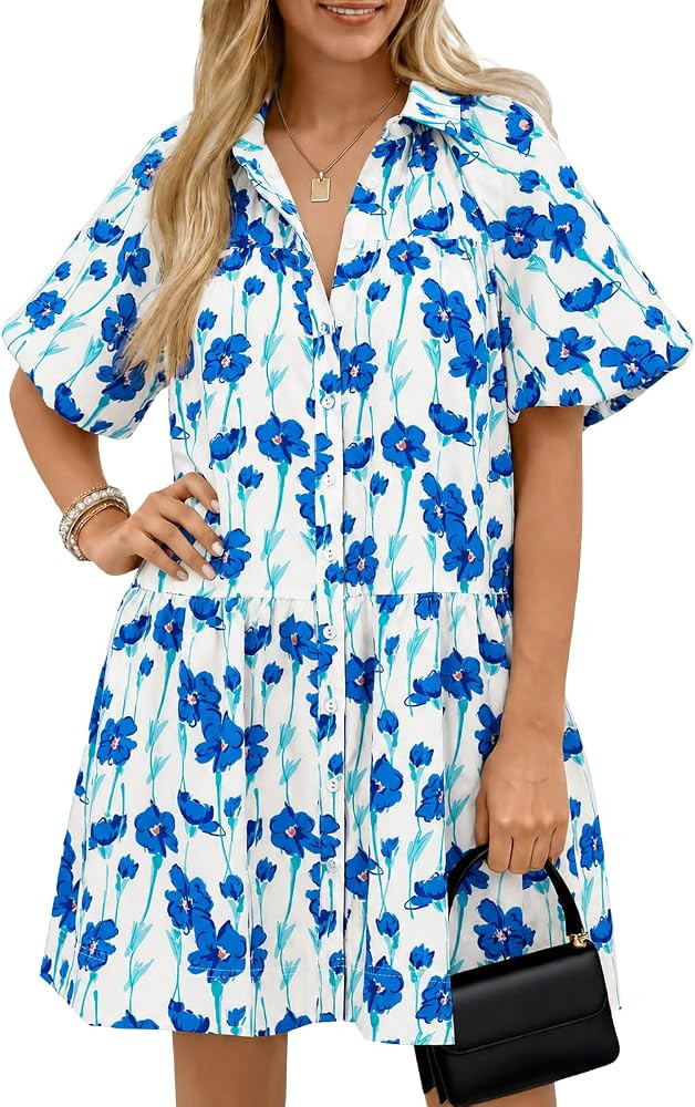 Wenrine Women's Summer Button Down Shirt Dress Floral Puff Short Sleeve Casual Loose Fit Beach Mi... | Amazon (US)