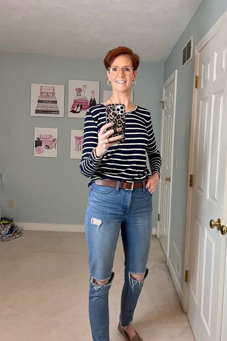 Most worn items in October - Striped shirt. This one is soft and not too think and great for layering.

Madewell jeans

Striped shirt, distressed jeans, fall style, fall outfit

#LTKSale #LTKstyletip