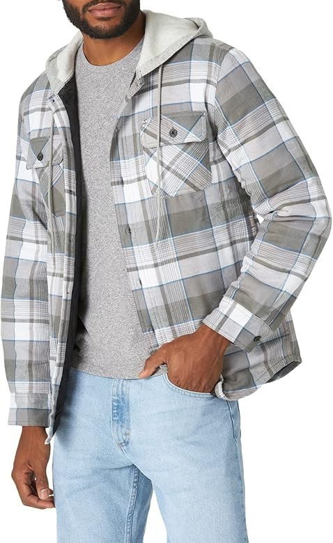 Wrangler Authentics Men's Long Sleeve Quilted Lined Flannel Shirt Jacket with Hood,Cloud Burst,Me... | Amazon (US)