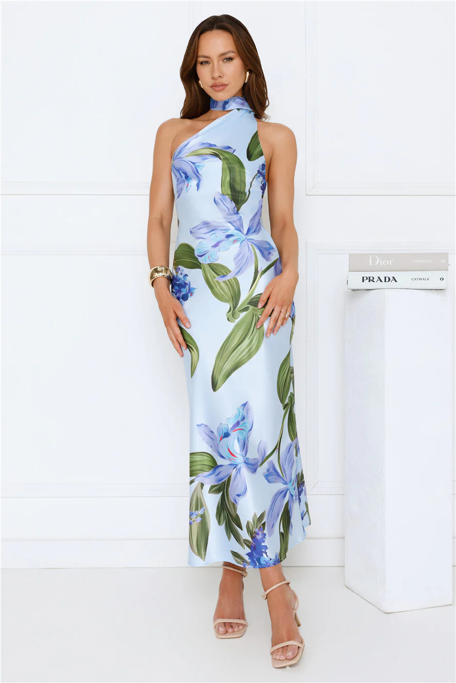 Romance In Bloom Satin Maxi Dress Blue | Hello Molly (US)