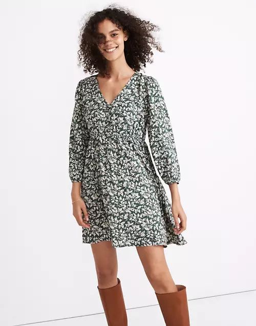 V-Neck Button-Front Mini Dress in Forest Leaves | Madewell