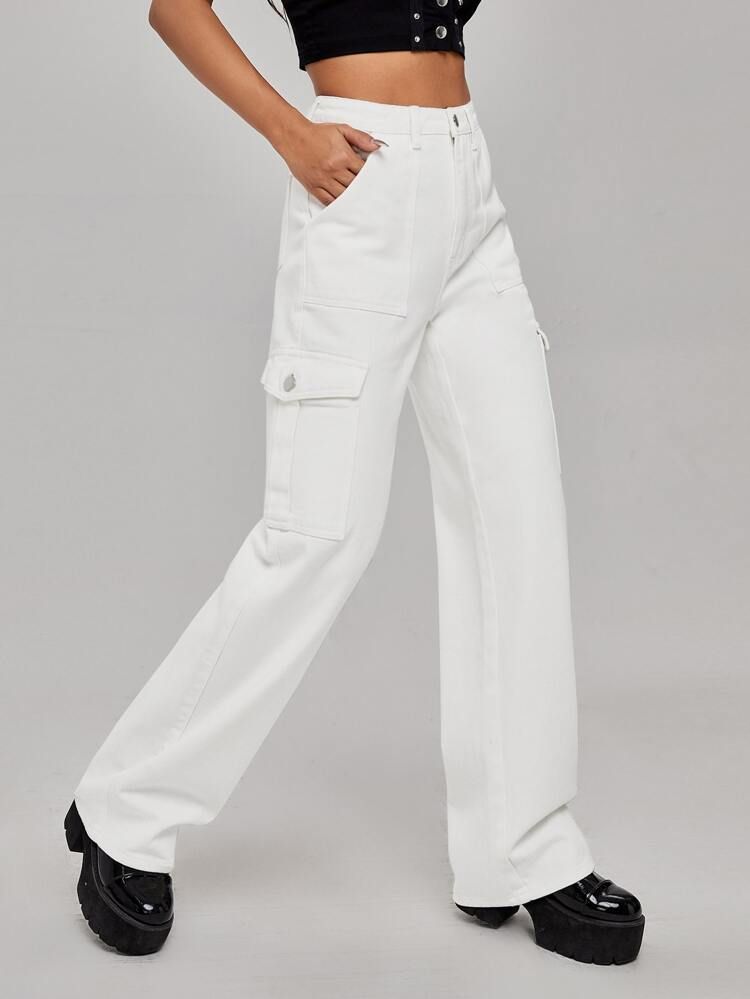 High Waist Flap Pocket Wide Leg Jeans | SHEIN