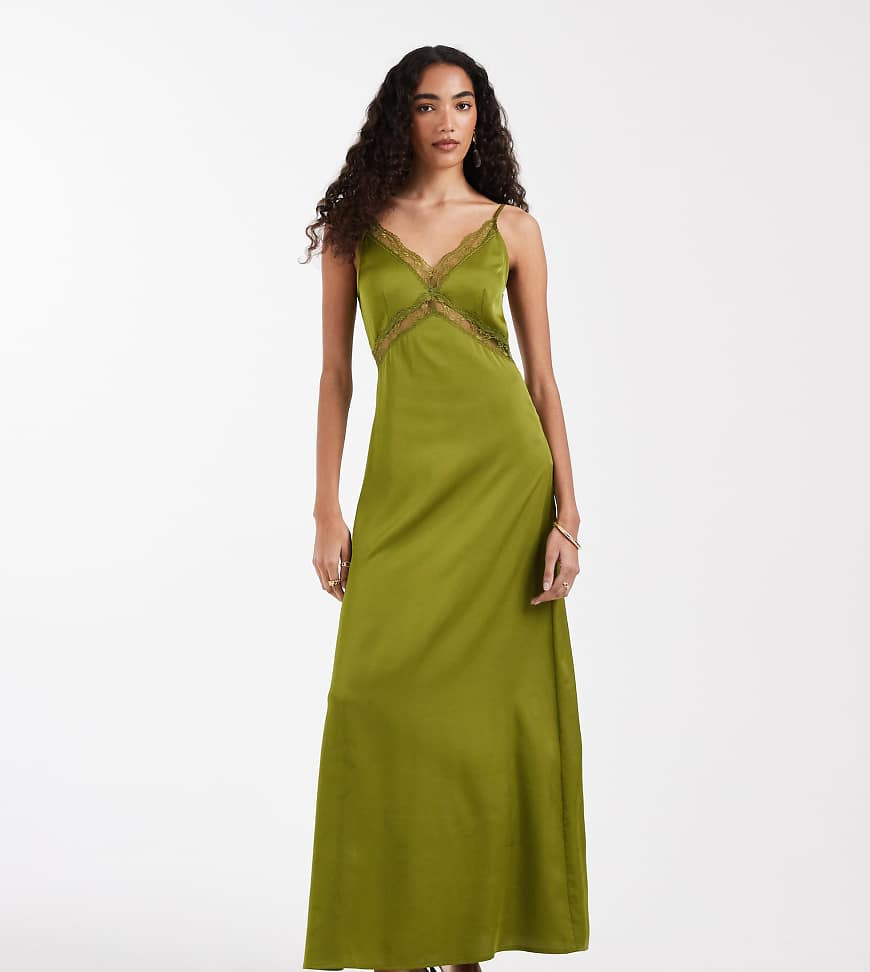 ONLY Tall satin feel maxi dress with lace detail in olive-Green | ASOS (Global)