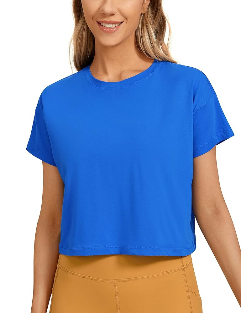 CRZ YOGA Women's Pima Cotton Workout Short Sleeve Shirts Loose Athletic Crop Tops Gym Casual Crop... | Amazon (US)
